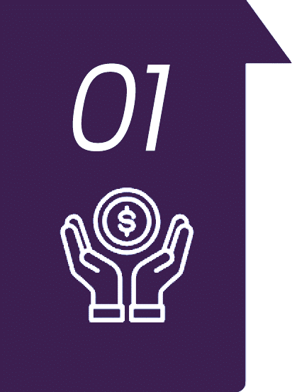 Purple graphic with 01 at the top and an icon of two hands holding a coin with a dollar sign, symbolizing financial support or savings.
