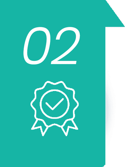 A teal page with the number 02 at the top and a white ribbon icon with a check mark inside below it, symbolizing achievement or verification.