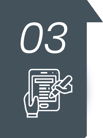 A document icon with the number 03 at the top. Below, a hand uses a stylus on a tablet displaying a form or checklist. The background is dark gray.
