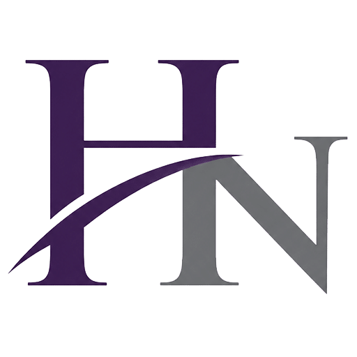 Stylized logo with the letters H in dark purple and N in gray. A swooping curved line crosses through both letters from the lower left to the upper right. The background is light gray.